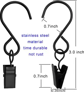 Stainless Steel S Hooks Curtain Clips 50 Pack Hanging Party Lights Clips Hangers Gutter Photo Art Craft Display 3 Inch Long Black