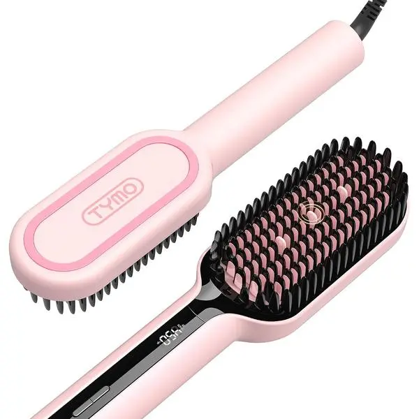 TYMO Hair Straightener Brush - Upgraded Ionic Plus Straightening Brush with Dense Bristles, 16 Temps, Dual Voltage | Ceramic Hot Comb for Women | Flat Iron for Thick Curly Hair, Pink