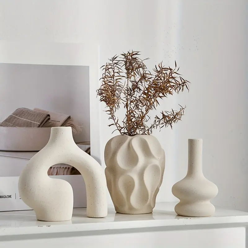 3PCS Bohemian Ceramic Home Decorative Vase 3 Piece Set Modern Nordic Minimalist Round Donut Shape Geometric Pattern for Living Room Entryway Coffee Table Home Decor Home Decoration Gift No Battery Required