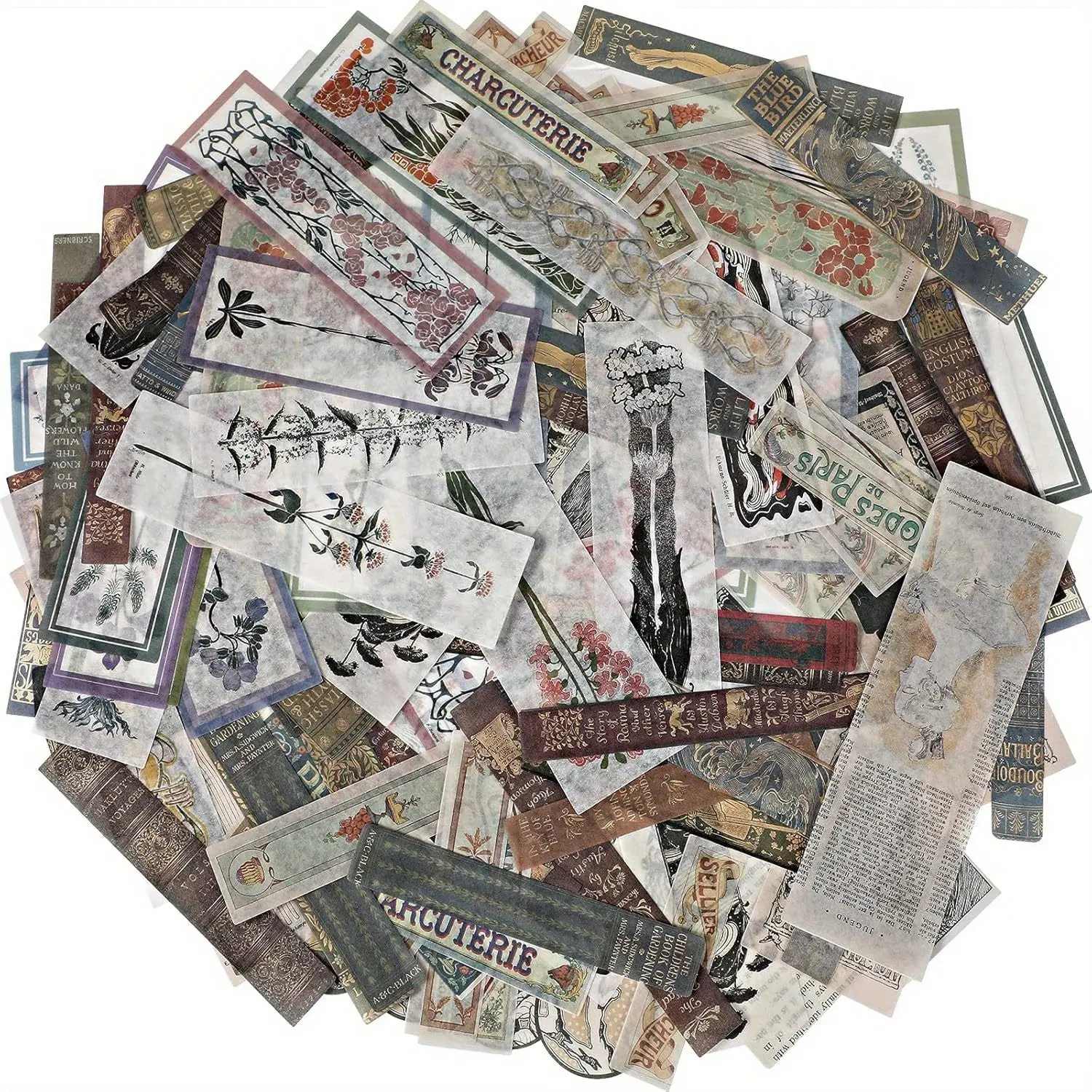 Vintage Washi Sticker Packs - 120 Multi-Type Paper Peel-and-Stick Decals (8-15cm/3.15-5.9in) with Floral, Title, Book Themes, Office Stationery for Journals, Scrapbooking, Crafts