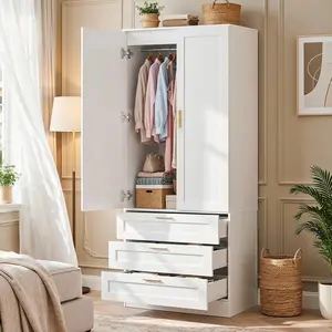Wardrobe Closet with 2 Doors & 2 Drawers, 68'' Tall Armoire Wardrobe Cabinet Closet System with Hanging Rods,Bedroom Storage Closet Organizer Cabinet