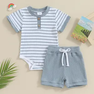 Male and female baby two-piece summer striped ribbed set - short sleeved Henry jumpsuit and drawstring shorts, baby summer casual toddler walking blue set (0-18M)