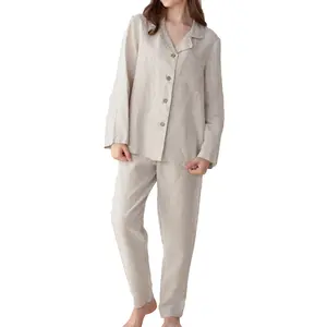 Simple&Opulence Women's 100% Linen Pajama Set Soft Shirt and Pants 2 Pieces Loungewear Slim Fit Soft and Breathable S-L Nightwear Fabric
