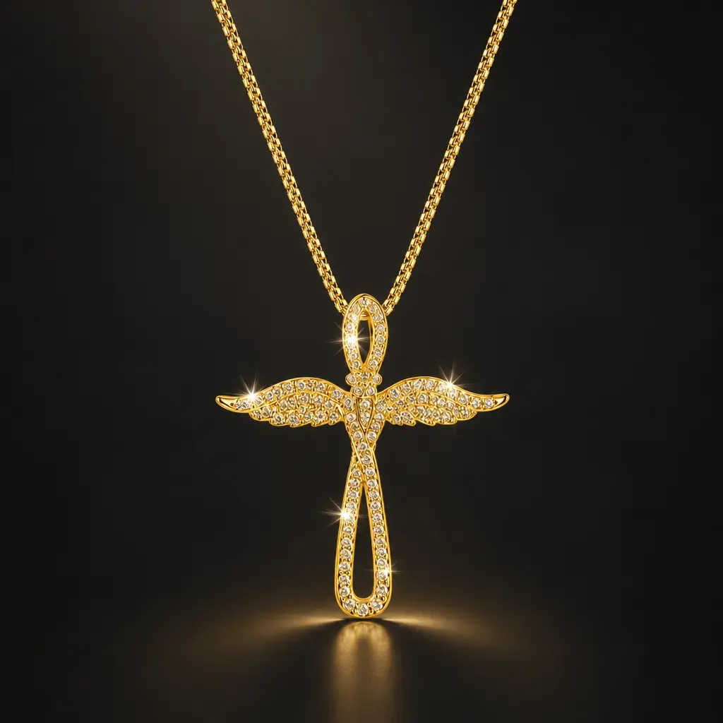 Dainty 14K Gold Plated Angel Wing Cross Necklace for Women, Sparkling AAA Zircon Pendant, Adjustable Box Chain 16"+2" extender, Tarnish Resistant Brass Base Jewelry, Perfect Gift for Her