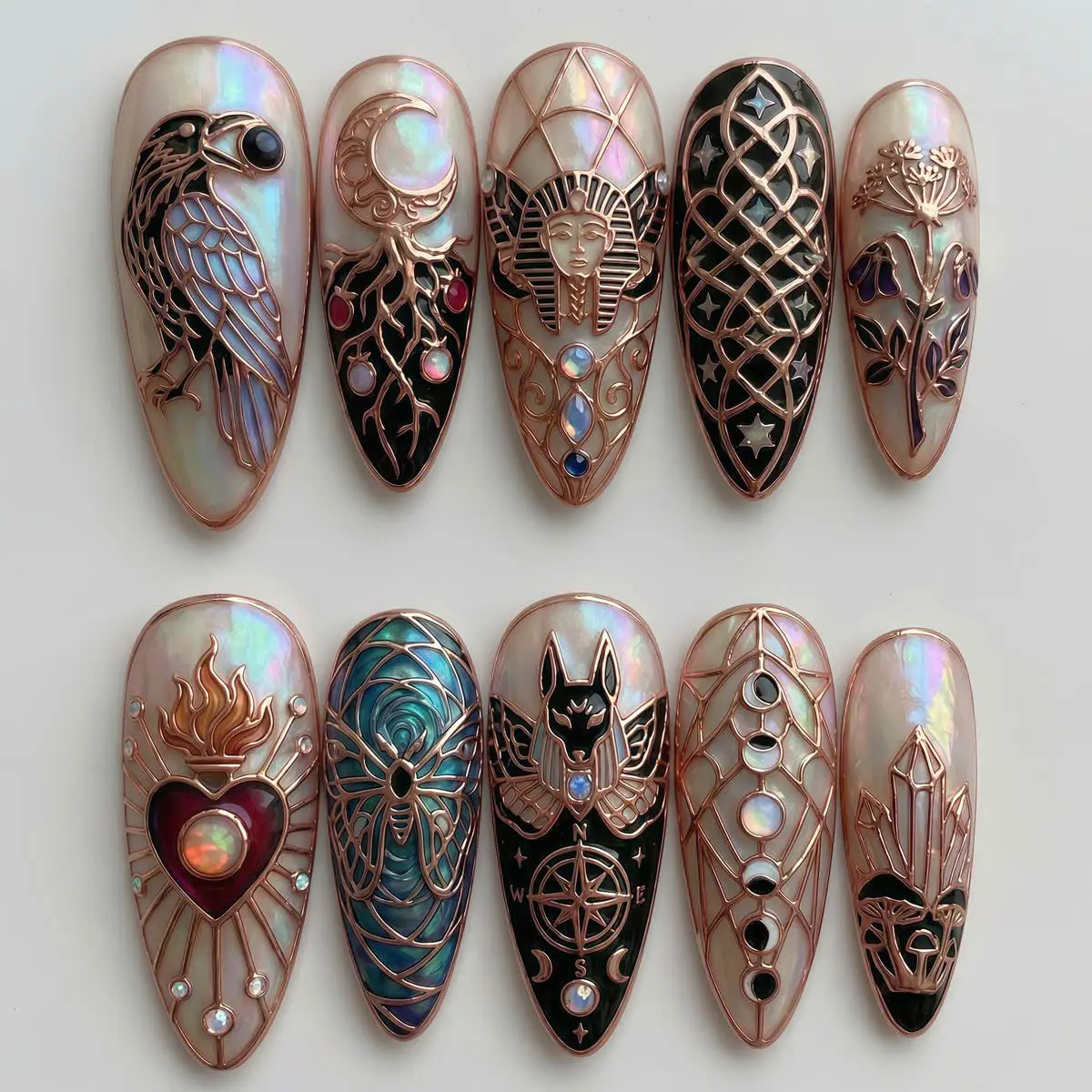 Handmade Rose Gold Ancient Egyptian Art Deco Oval Soft Gel Reusable Press-On Nails Set, Beauty Decoration Accessory, Nails Inspo