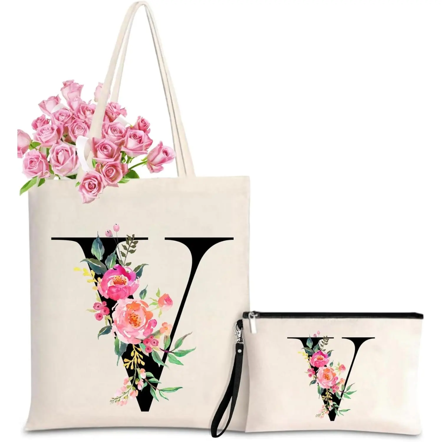 Initial Canvas Tote Bag for Women, Personalized Monogrammed Tote Bags with Makeup  Bag for Wedding Bridesmaids Birthday