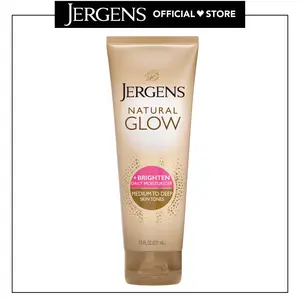 Jergens Natural Glow +Brightening Self Tanner Body Lotion, Sunless Tanning, Medium to Deep Skin Tone, Daily Moisturizer with Coconut Oil, Vitamin E and Antioxidants, 7.5 Oz