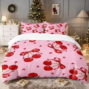 Pink cherry and bow print bedding set, cover and pillowcase combination, suitable for family bedrooms and hotels, Decorative Bedding Set, Soft Bedding Set