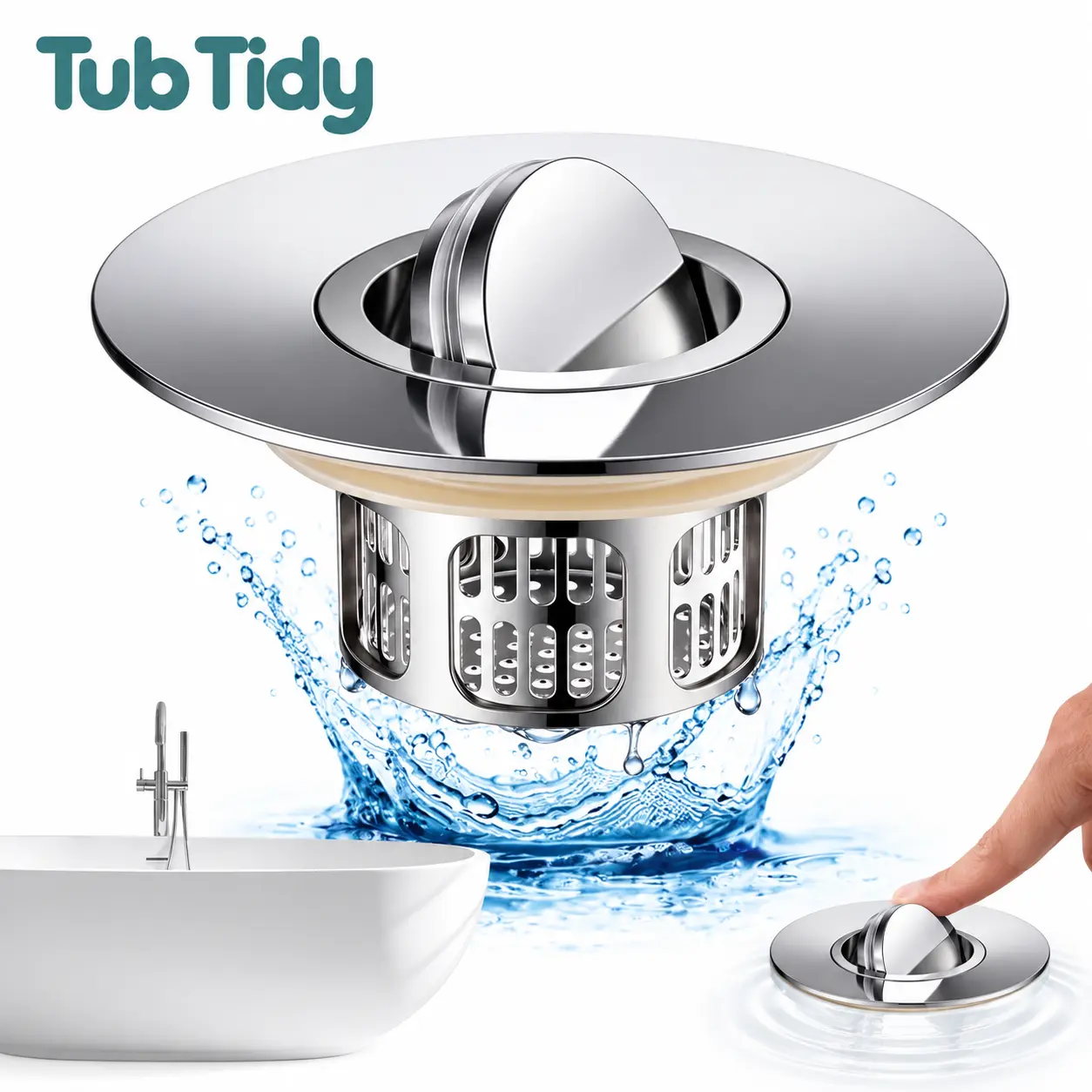 Tub Tidy Bathtub Drain Stopper with Hair Catcher, 3-in-1 Stainless Steel Tub Drain Plug, Flip Cover, 2 Removable Strainer Baskets, Hair Capture, Twist-Off Cleaning, Tool-Free Installation, Fits 1.4–2.6 Inch Drain Openings