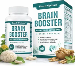 Brain Booster Nootropic Supplement for Memory Focus and Clarity Support with Ginkgo Biloba Alpha GPC and Lion’s Mane Mushroom Jitter-Free Mental Performance and Energy for Adults and Seniors Cognitive Wellness Formula 60 Capsules