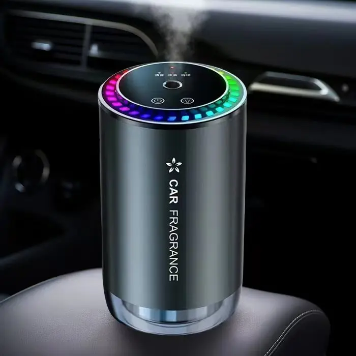 Smart car air freshener with automatic on/off switch, adjustable concentration, new scent experience through atomization and RGB ambient light, each bottle of perfume lasts up to 4 months, built-in battery，Night light with its own star effect.