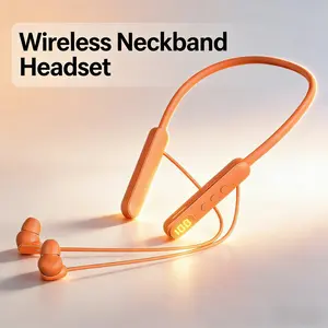 Orange Wireless Neckband Bluetooth Headset with In-Ear Earbuds, LED Digital Battery Display, Comfortable Flexible Fit, Chargeable Type-C Jack Fast Charging, Sound Isolation, Stable Connection for Android/Tablet, Ideal for Daily Use & Workout
