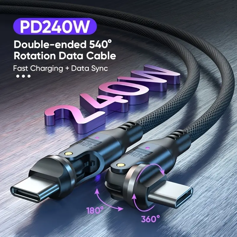 240W 540 Degree Rotating Super Fast Charging Cable, PD Fast Charging, Gamer Exclusive, Multi Angle Adjustment, Durable Type C Cord, Sleek Futuristic Look for Cellphone Mobile Gaming