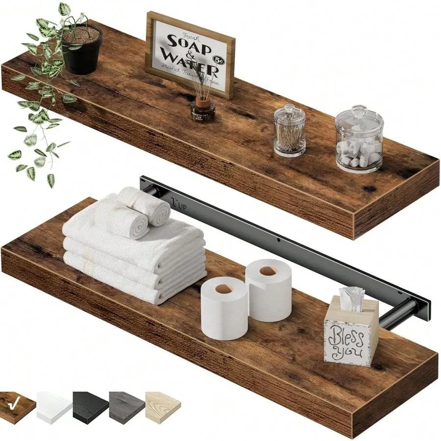 Rustic Brown Steel Bathroom Floating Shelves Set of 2 - 15.7x6.7in Wall-Mounted Shelves for Over Toilet, Farmhouse Home Decor, Vanities, Fireplaces, Desk (25 lbs Capacity, 008-40BN)