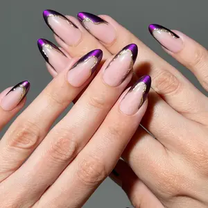 Violet Veil Almond Shape Press-on Nails - Elegant Purple & Gold Design for Stylish Nail Art with French Tip & Royal Gradient Finish