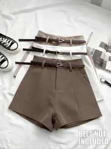 Women's Fashion High-Waisted Comfortable Shorts Set, Pure Color Casual Wear, Home & Outerwear, 3-Piece Suit (no Belt Included)