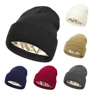 Womens Satin Lined Knit Beanie Hat Acrylic Winter Hats for Women Men Silk Lining Soft Slouchy Warm Cuffed Beanie Hat