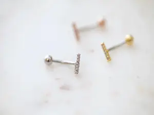 CZ Paved Bar Belly Button Ring • Sterling Silver Floating Navel Ring • Dainty Gold Bar Belly Rings • Small Belly Rings • Line Belly Jewelry