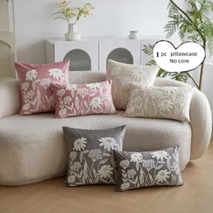 Flower Embroidery Cushion Cover, 1 Count Square Throw Pillow Cover without Filler, Household Decoration Supplies for Home Living Room Bedroom Floral Embroidery