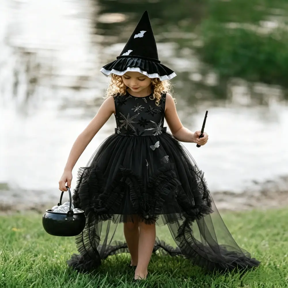 062 ( Only dress ) Girls' black tuxedo dress with train for catwalk performances princess dress Halloween costume