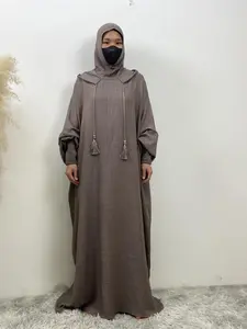 Women's Solid Color Batwing Sleeve Drawstring Hooded Dress, Casual Shirred Cuff Long Sleeve Dress for Spring & Fall, Women's Islamic Clothing for Daily Wear