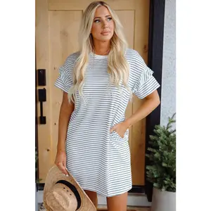 White Stripe Ruffled Short Sleeve Crew Neck T Shirt Shift Mini Dress