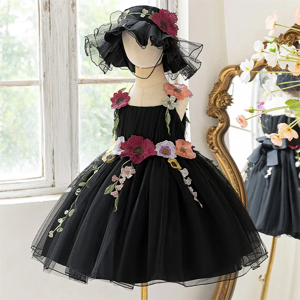 6058 (Skirt + Hat) Kids Girls black dress with printed design elegant princess dress suitable for prom photography