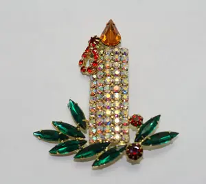 Vintage Large Rhinestone Filled Christmas Candle Brooch, Pin, Holiday Christmas Jewelry