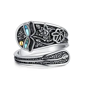 S925 women's sterling silver dragonfly spoon ring suitable for sizes 6-9, suitable for gifts or personal wear Sterling Silver Vintage Sunflower