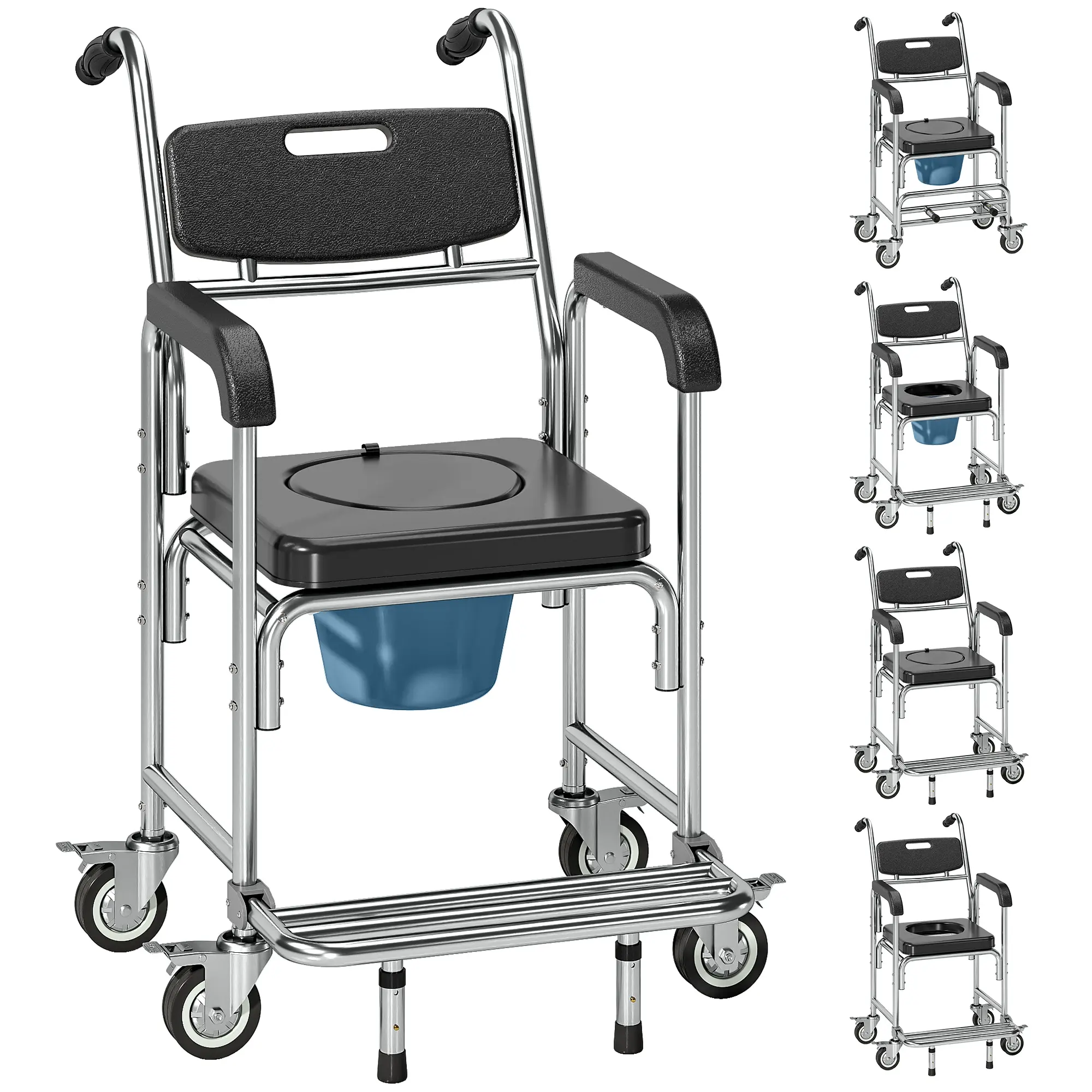 3-in-1 Shower Commode Wheelchair – Bedside Commode, Shower & Toilet Seat. Padded Seat, Locking 4" Wheels. 330 lbs Capacity. Waterproof Aluminum, Removable Bucket. Black