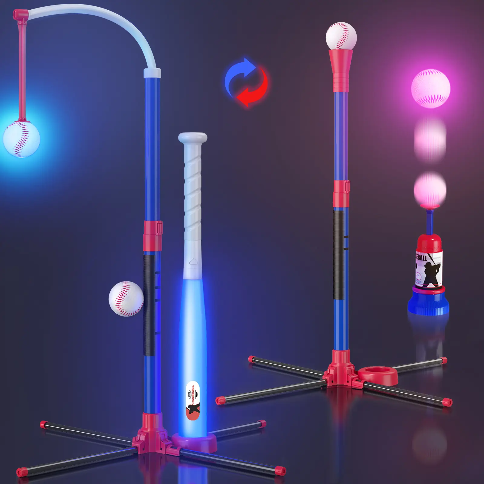 3-in-1 LED Baseball Set for Kids 3-5 - Tee Ball Stand, Hanging Tee, Ball Launcher and 4 Softballs - Adjustable Height, Indoor/Outdoor Sport Gifts for Boys Girls, Blue Portable Fun campingessentials Easy To Assemble Grows With Your Child