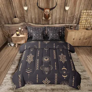 Western Aztec Comforter Set with Sheets Kids Southwestern Geometric Vintage Bed in a Bag Bohemia Boho Bull Skull Abstract Tribal Black Brown 7 Pieces Bedding Set Soft Room Decor