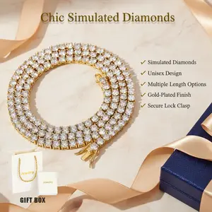 Simulated Diamond Necklace (Bracelet) Chain 3mm/5mm Unisex, Classic Style, Lengths: 8in, 18in, 20in, 24in, Secure Lock Clasp, Gold-Plated Jewelry, Perfect Gift Selection
