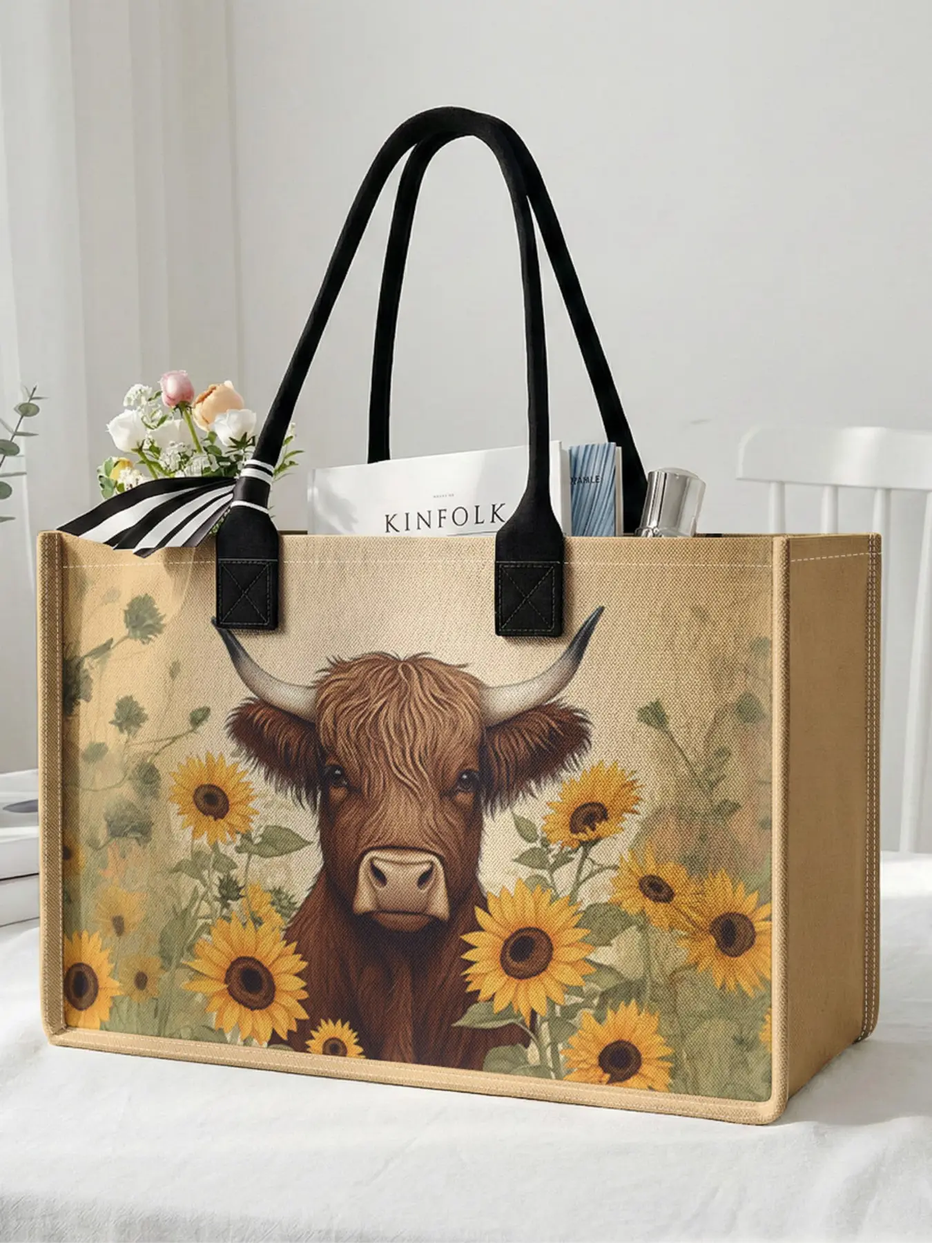 1 piece of bull and sunflower pattern 2D printed large-capacity storage bag, extra-large storage bag, sturdy handle, space-saving multi-purpose, suitable for use at school, on business trips, and shopping, Reusable Shopping Bags, Tote Bag