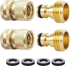 Garden Hose Quick Connect Solid Brass Quick Connector Garden Hose Fitting Water Hose Connectors Garden Hose Disconnect 3/4 inch GHT  (2Female+2Male)