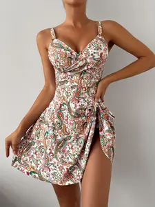 Summer Bohemian Trend Waistcoat Overall Adjustable Shoulder Straps Metal Accents Front Cross Chest Pleated Belted Apron Inner Triangle Pant Dress