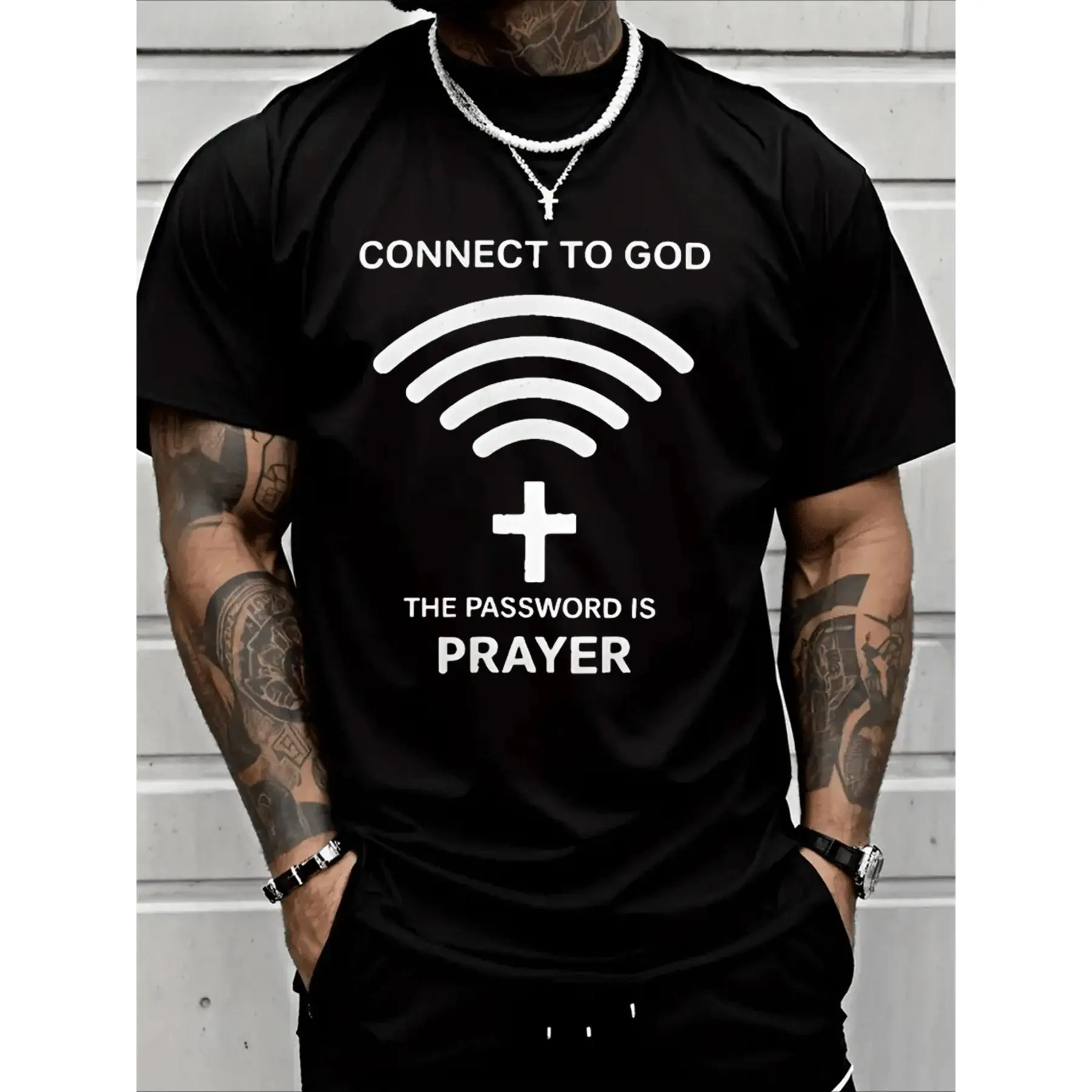 [100% Cotton] Modern - Styled T - Shirt Combining Wi - Fi Symbol And Cross With Inspiring Phrases For Devout Wearers T-Shirt For Men And Women