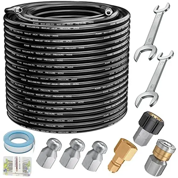 POHIR Heavy-Duty Sewer Jetter Kit for Heavy Duty Cleaning, 1/4 in NPT High-Pressure Drain Cleaner Hose, Rotating Jetting Nozzle, Button Nose Nozzle, 4000 PSI Plumbing Tool (Pressure Washer Accessory Compatible)