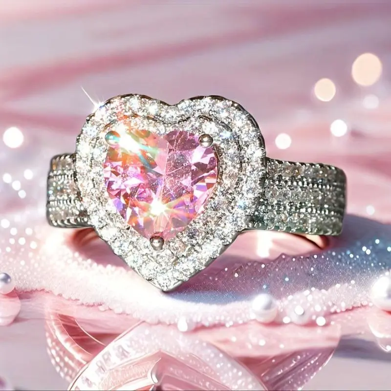 Gorgeous Luxury Pink Heart-Shaped Zirconia Ring, Romantic Anniversary Gift, Sparkling Delicate Wedding & Engagement Jewelry for Women