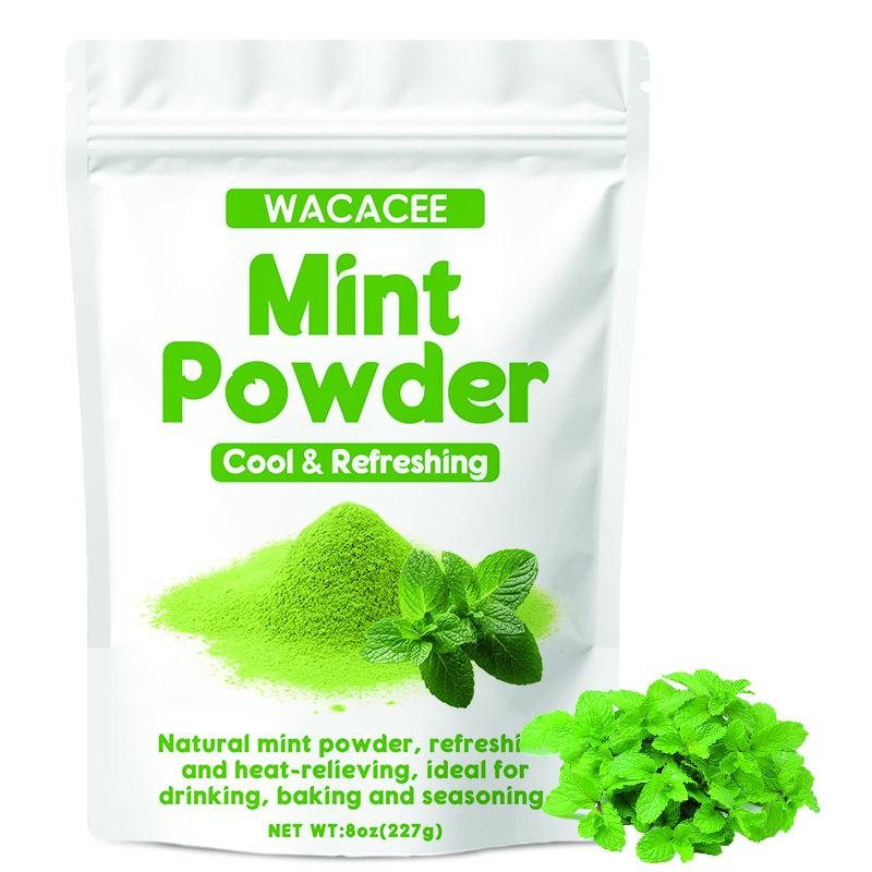 WACACEE fresh mint leaves, dehydrated and ground into mint powder—fine texture with a refreshing aroma; natural cooling flavor seasoning powder for culinary use.