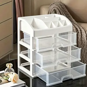 Three-Drawer Desktop Organizer with Top Shelf, Multi Compartment Organizer, Transparent Plastic Drawers, Ideal for Cosmetics, Makeup, Office Supplies