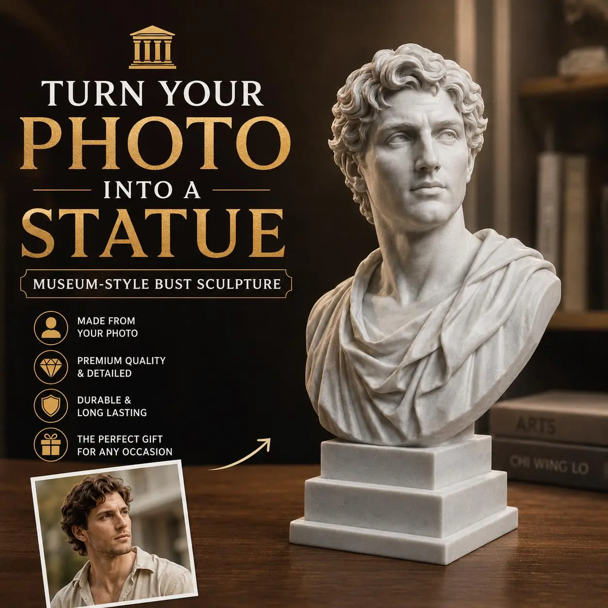 Custom Photo Statue | Personalized Mini Me 3D Printed Figurine, Museum Bust Sculpture