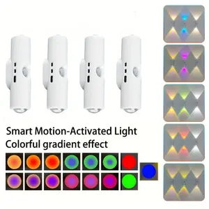 RGB Motion Sensor Night Light 3/4 Pack - Rechargeable Magnetic LED Ambient Lights with 7 Color Gradient, Smart Auto-On USB Convenient Charging Wall Lamp Indoor Lighting Long-Lasting Battery for Bedroom Stairs Hallway Wardrobe Entryway, Home Decor Gift