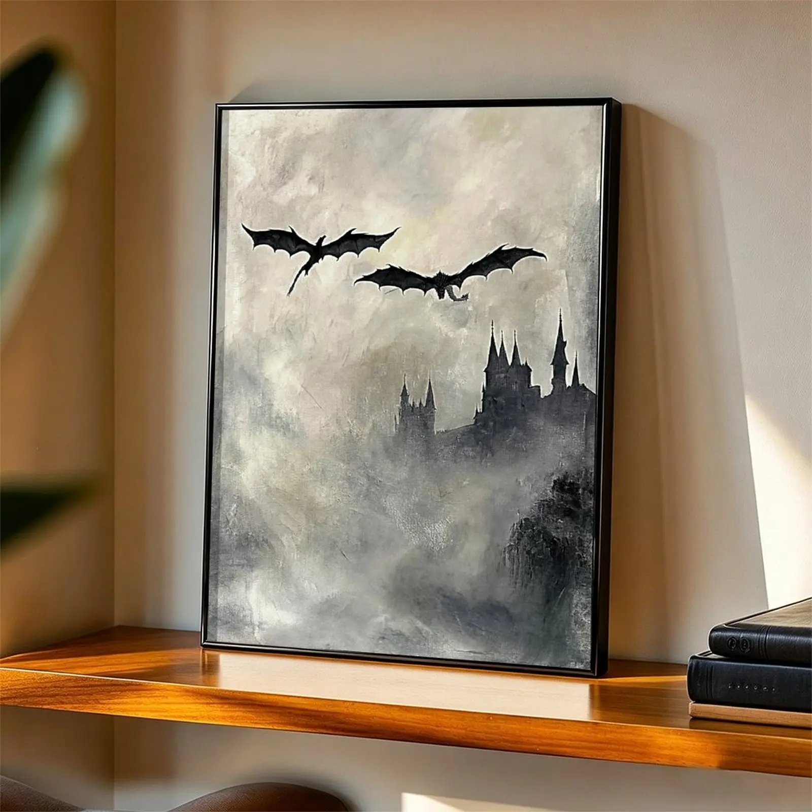 Dragon Poster Gothic Bat Castle Wall Art Poster, Dark Academia Aesthetic Print, Spooky Fog Landscape Artwork, Halloween Room Decor, Black Gray Vintage Wall Decoration