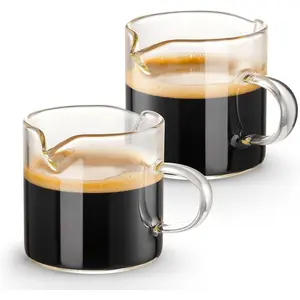 Espresso Cups Set of 2, 4 OZ Double Spouts Cups, Espresso Shot Glasses, Milk Cup with Handle, Clear Glass, Espresso Accessories for Espresso Machine