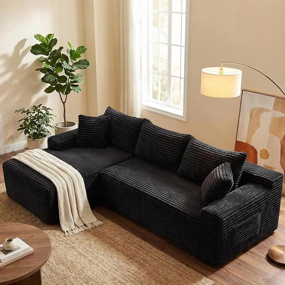 95" L-Shaped Cloud Sectional Couch, Modular Compressed Boneless Sectional Sofa with Chaise Lounge, Plush Corduroy Boneless Corner Sofa for Living Room, No Assembly Required