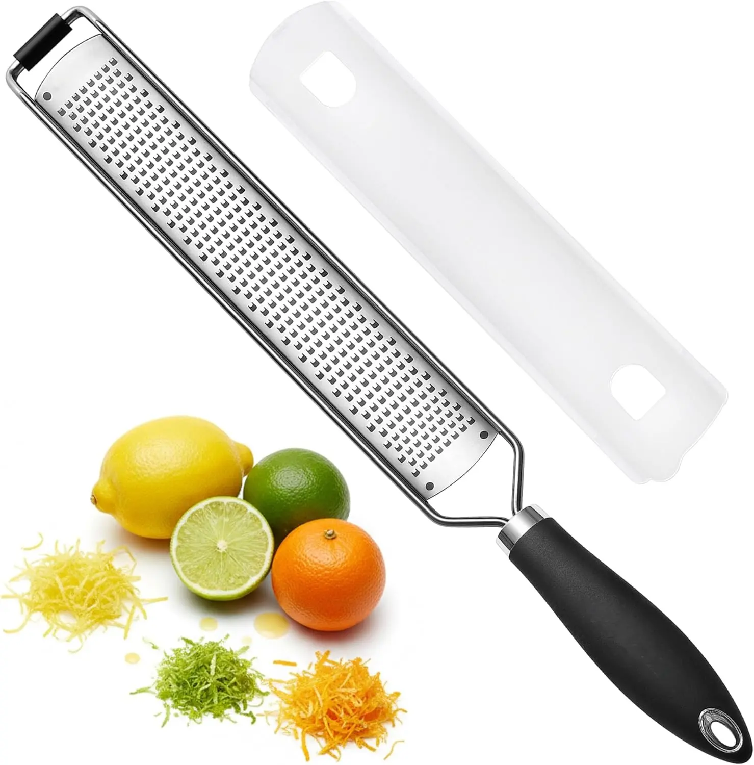 Stainless Steel Lemon Zester Grater with Handle - Garlic, Cheese, Parmesan, Nutmeg, Lime, Ginger Grater - Heavy Duty Kitchen Tool - Citrus Zester with Blade Cover - Fine Shred - Black