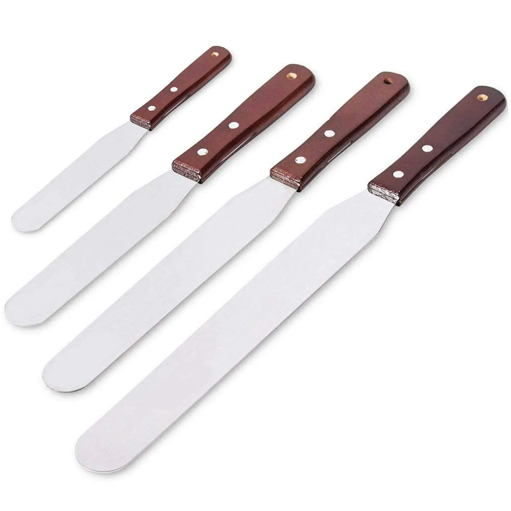 4PCS Wooden Handle Straight Icing Spatula Set - 4"/6"/8"/10" Multifunction Professional Stainless Steel Bakeware, Flexible Cake Decorating Kit for Kitchen Supplies