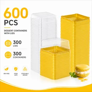 600 PCS 3” Mini Cupcake Containers – Gold Square Plastic Boxes with Lids (300 Boxes + 300 Covers), Individual Dome Pods for Muffins, Cake Pops – Wedding, Birthday, Party Favors