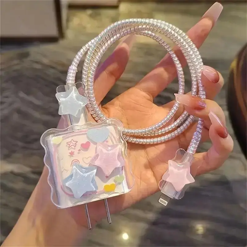 Trendy Liquid Glitter Phone Charger Protection Set, Data Cable Protector and Charger Head for iPhone, Stylish and Functional Accessories